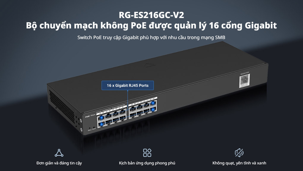Bộ chuyển mạch không PoE quản lý 16 cổng Gigabit